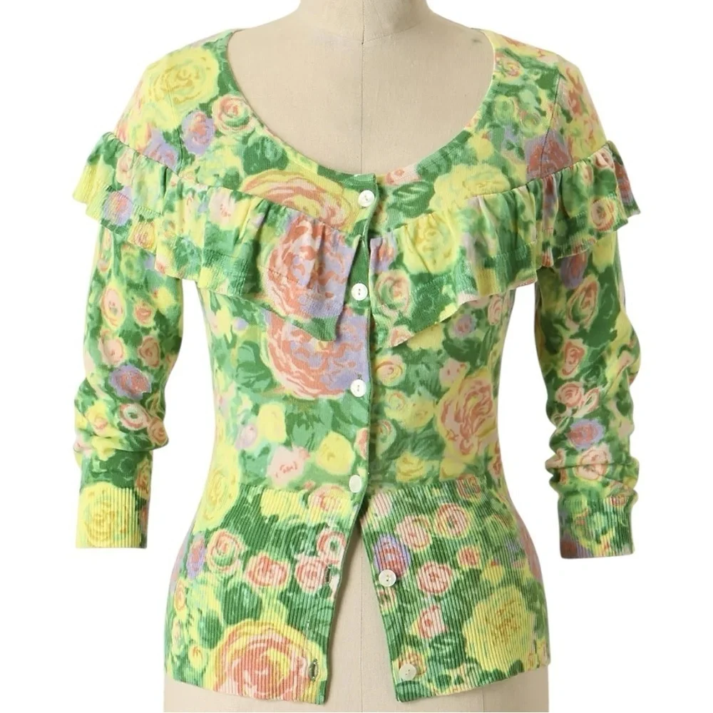 Anthropologie Yellow Bird Women’s S Colored Pencil Yellow Green Floral Cardigan - Picture 2 of 10